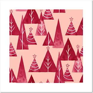 Blush and Red Watercolor Christmas Trees Posters and Art